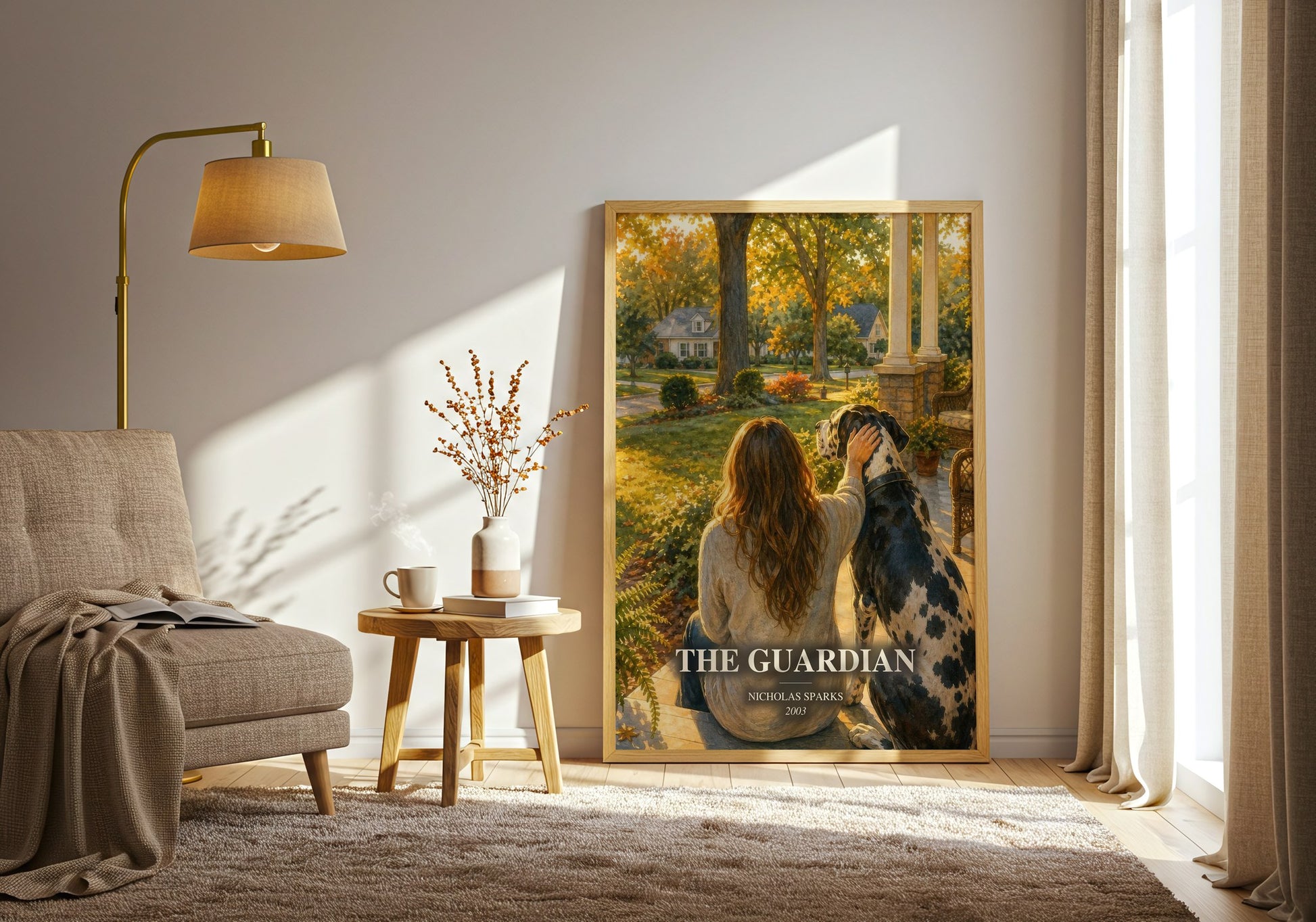 The Guardian watercolour print in frame leaning in hallway – romance wall art