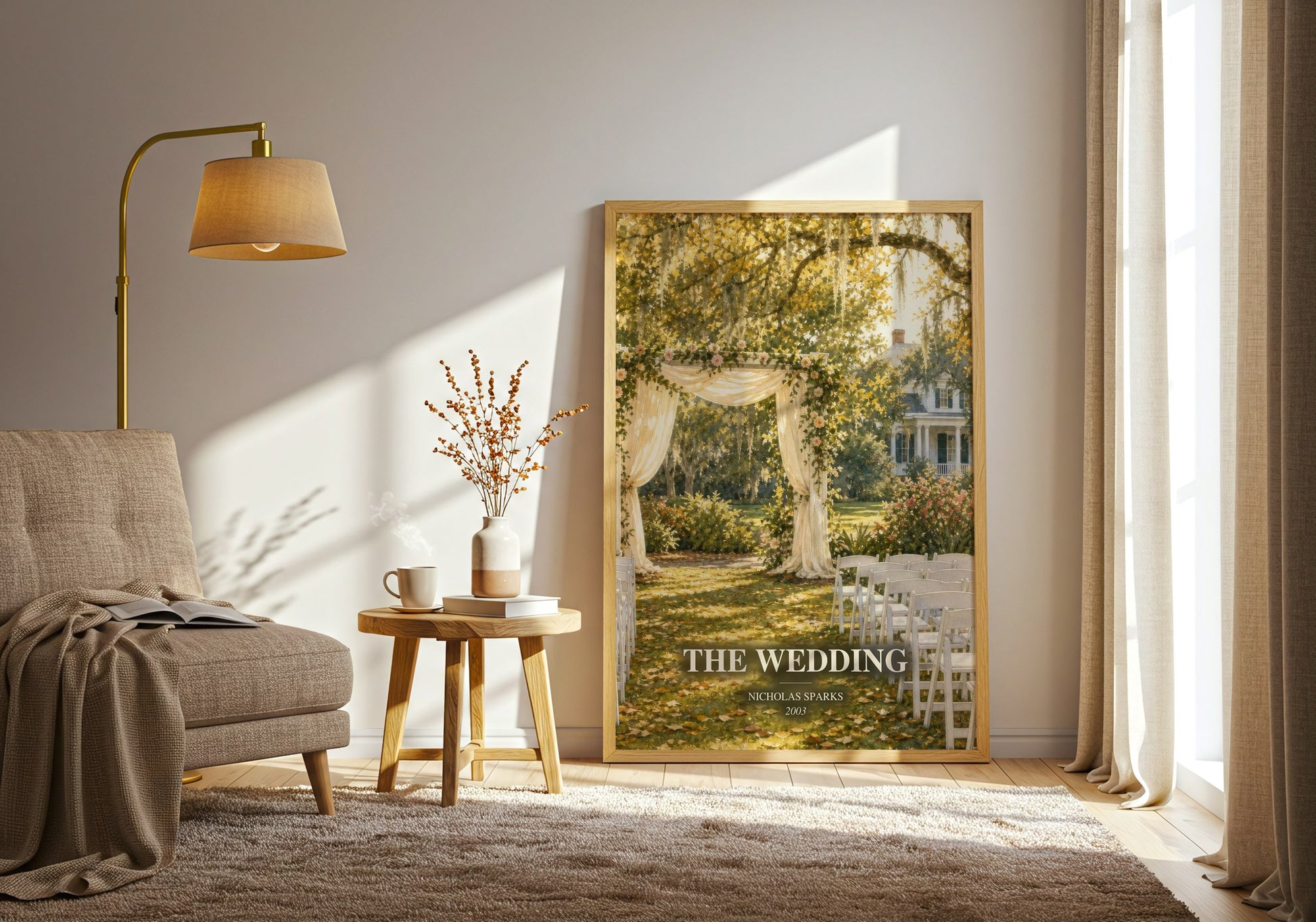 The Wedding watercolour print in frame leaning in hallway – romance wall art