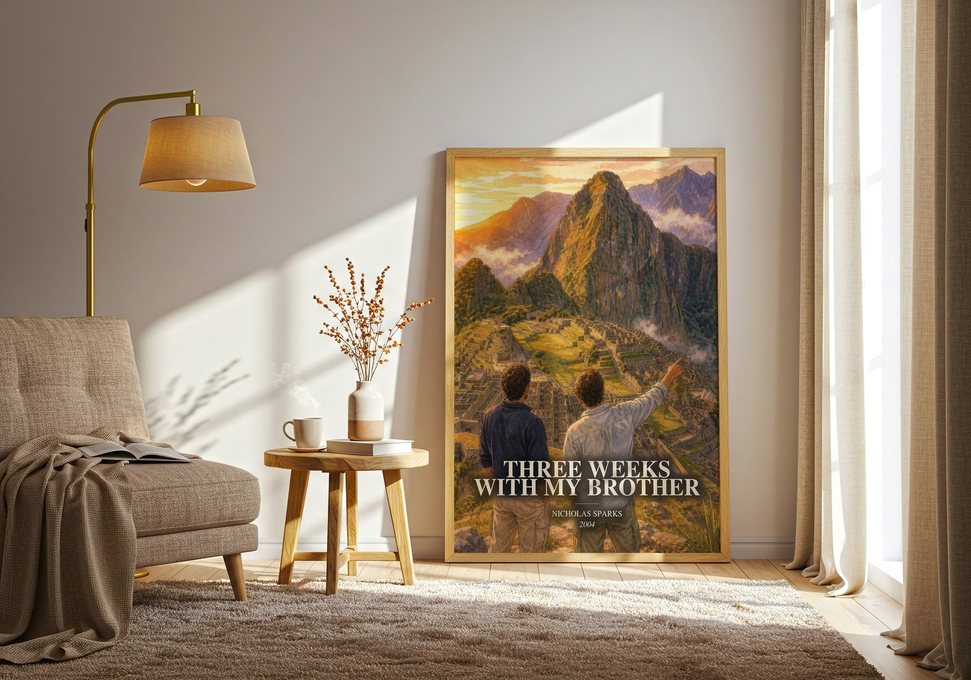 Three Weeks With My Brother watercolour print in frame leaning in hallway – memoir wall art