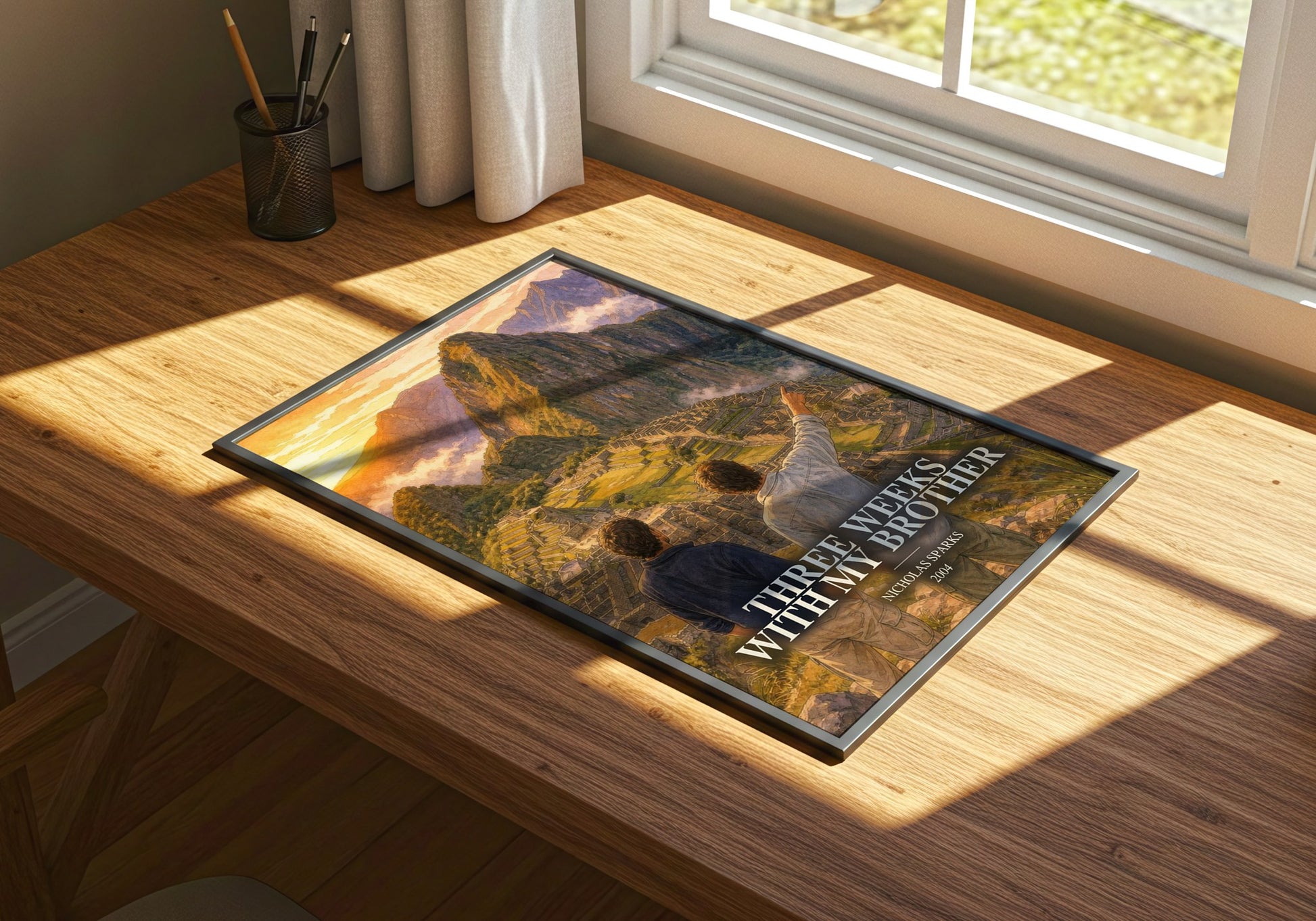 Three Weeks With My Brother watercolour book poster framed on wall – memoir wall art