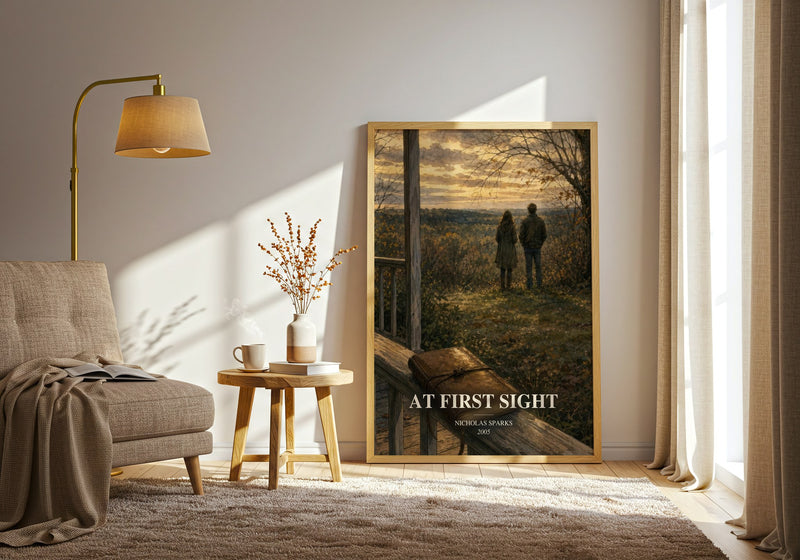 At First Sight watercolour print in frame leaning in hallway – romance wall art