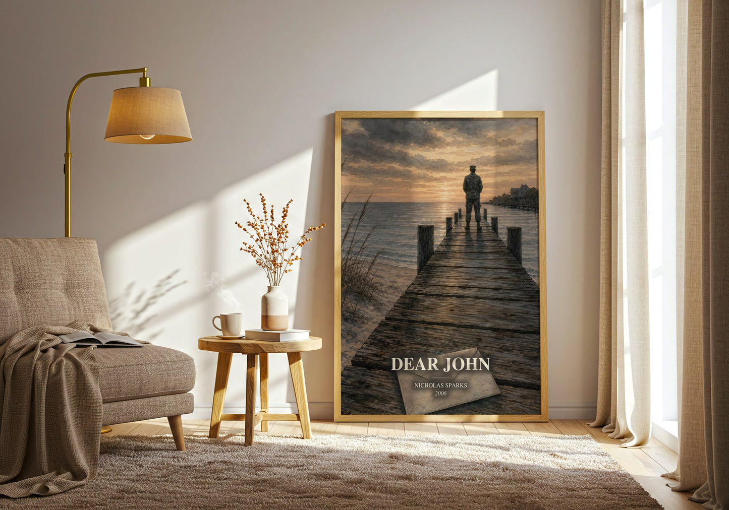 Dear John watercolour print in frame leaning in hallway – romance wall art