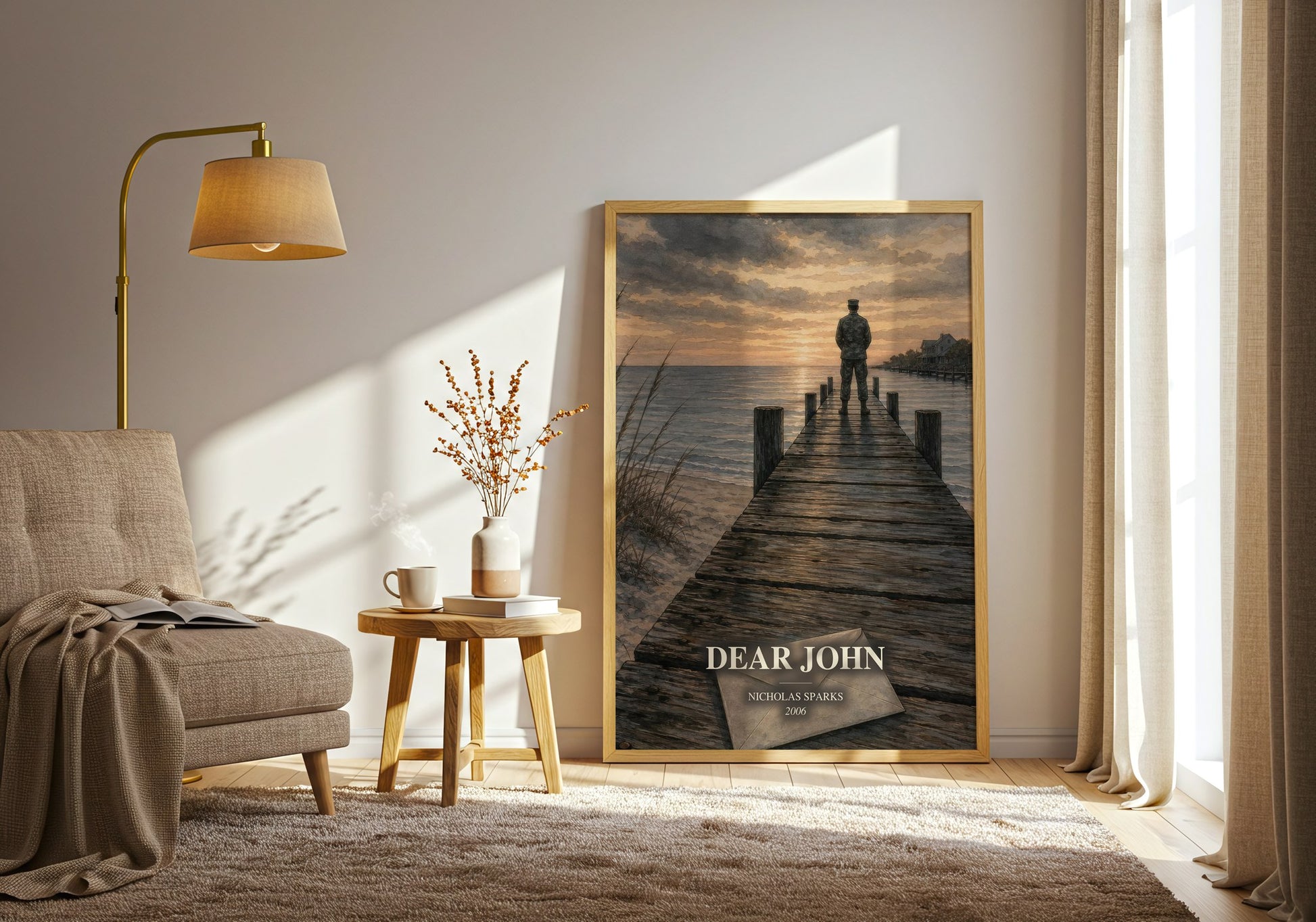 Dear John watercolour print in frame leaning in hallway – romance wall art