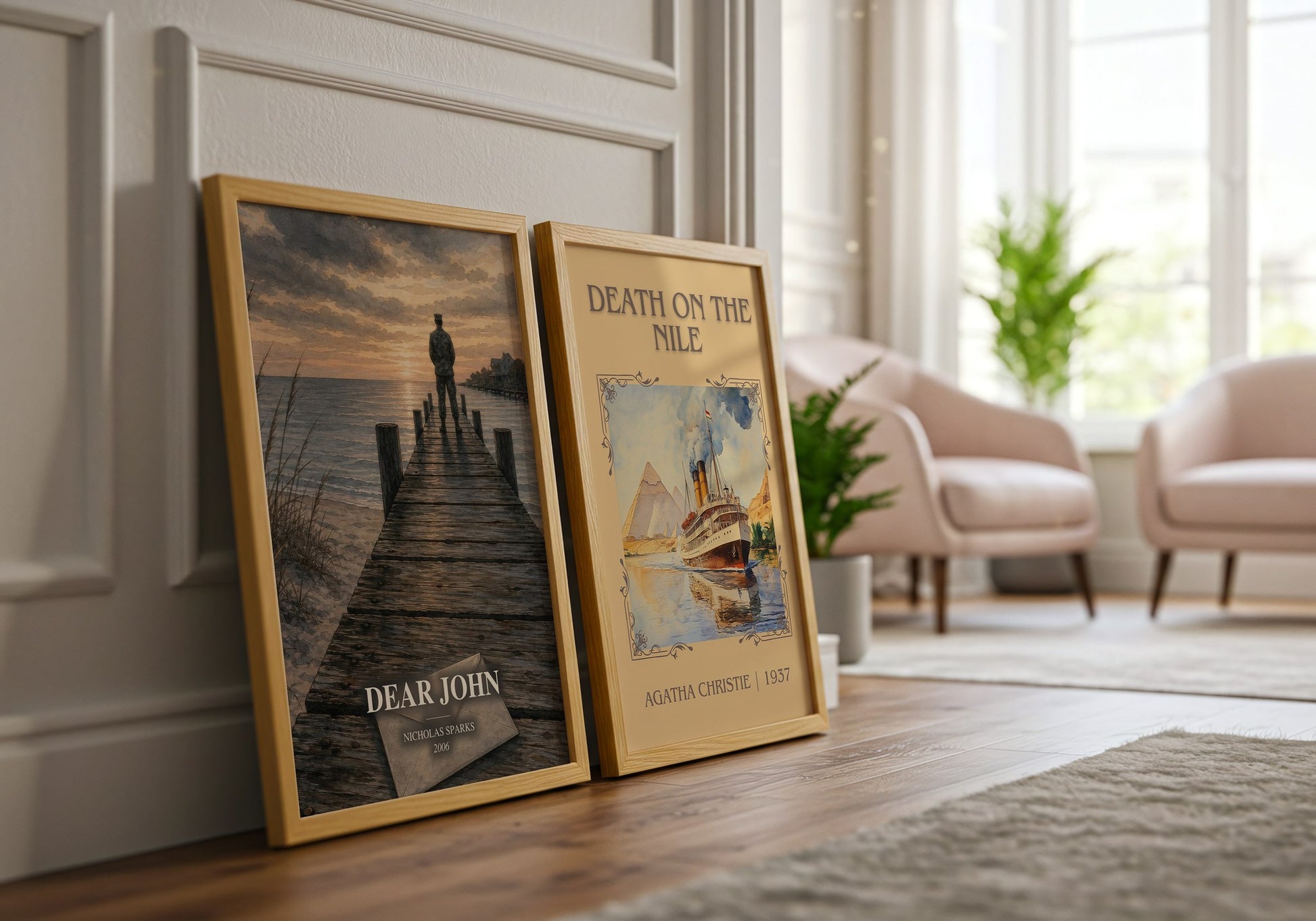 Dear John watercolour print framed by window – literary home decor