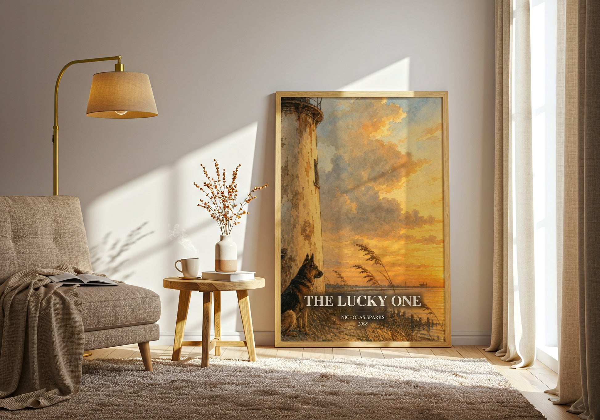The Lucky One watercolour print in frame leaning in hallway – romance wall art