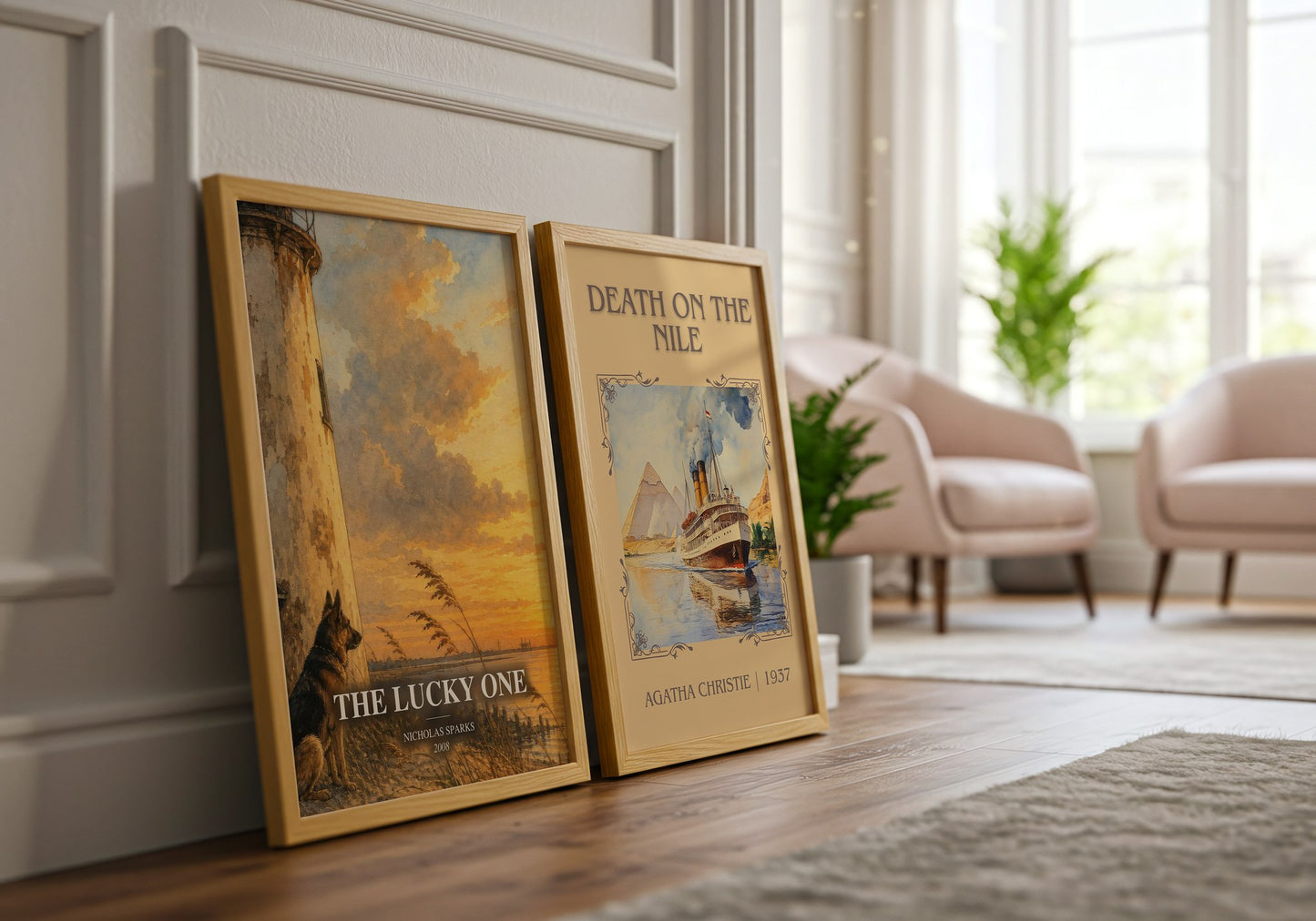 The Lucky One watercolour print framed by window – literary home decor