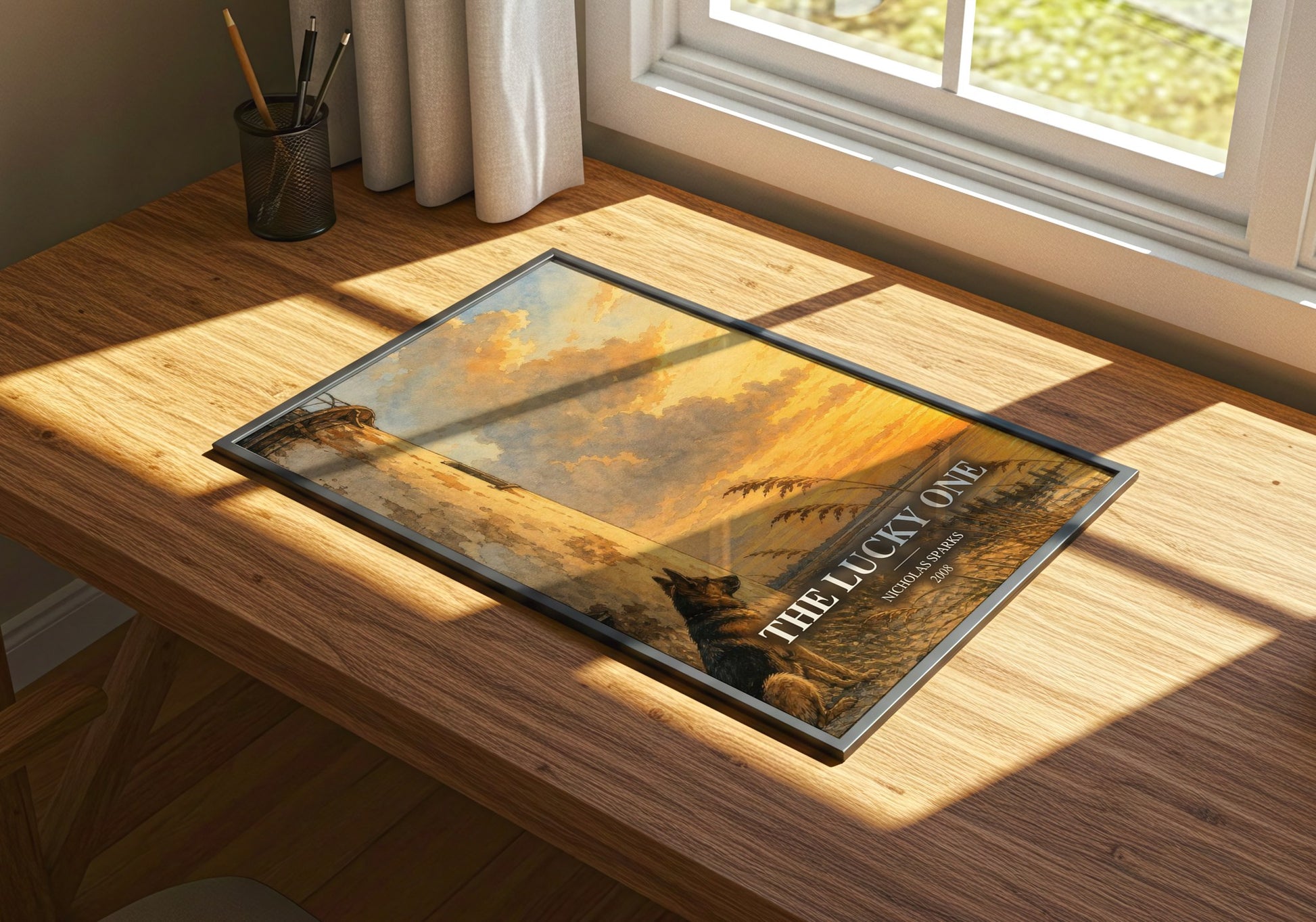 The Lucky One watercolour book poster framed on wall – romance wall art