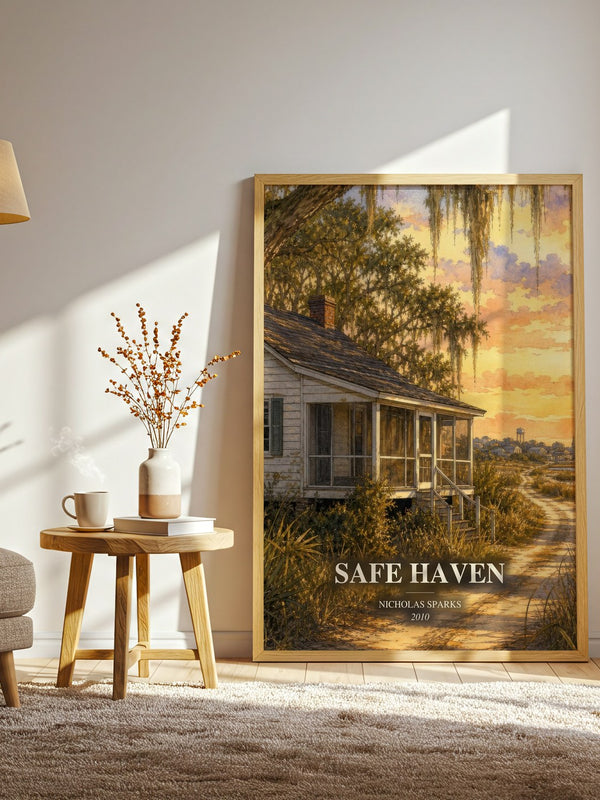 Safe Haven watercolour print in frame leaning in hallway – romance wall art