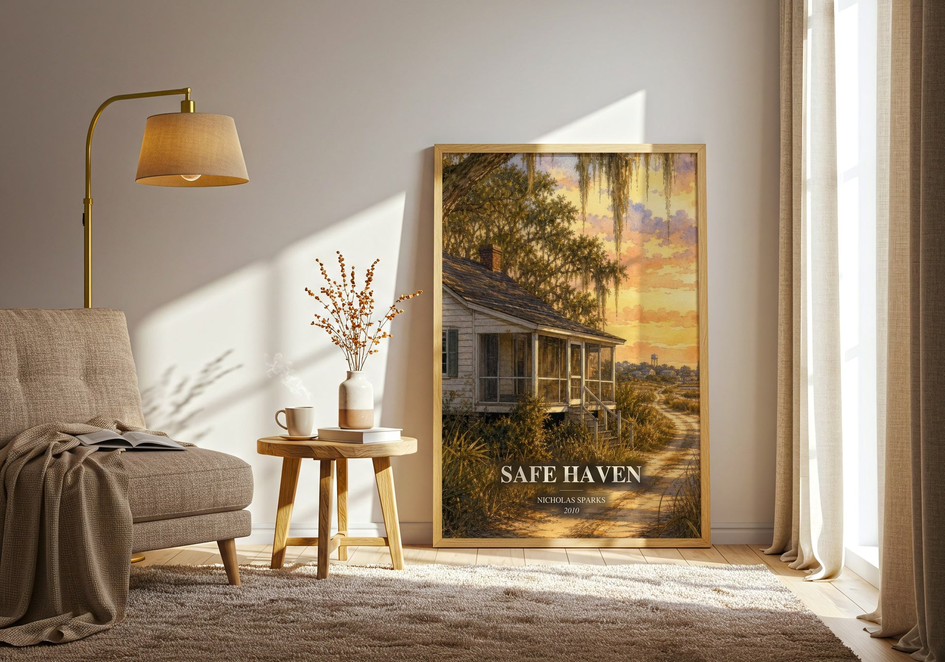Safe Haven watercolour print in frame leaning in hallway – romance wall art