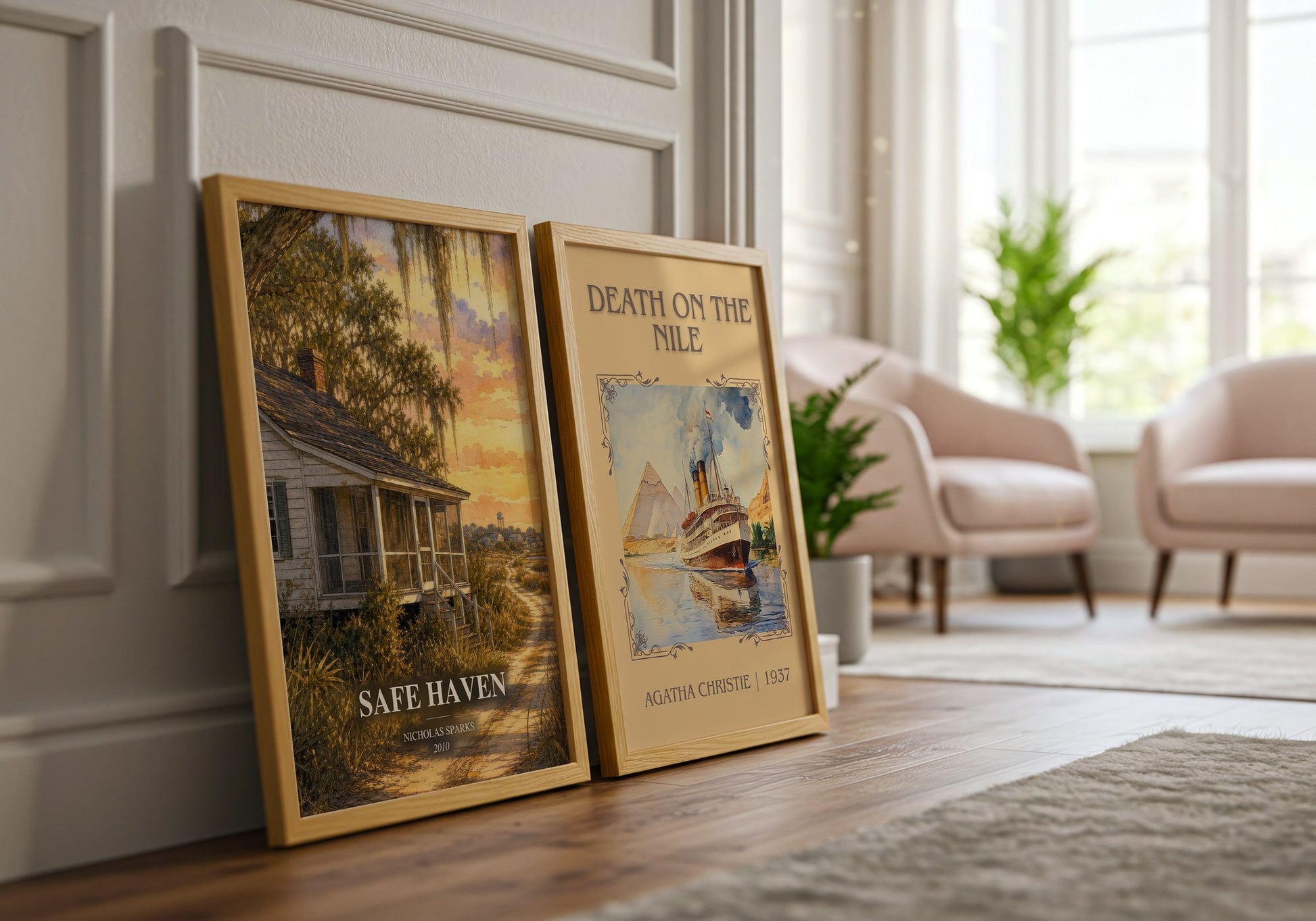 Safe Haven watercolour print framed by window – literary home decor