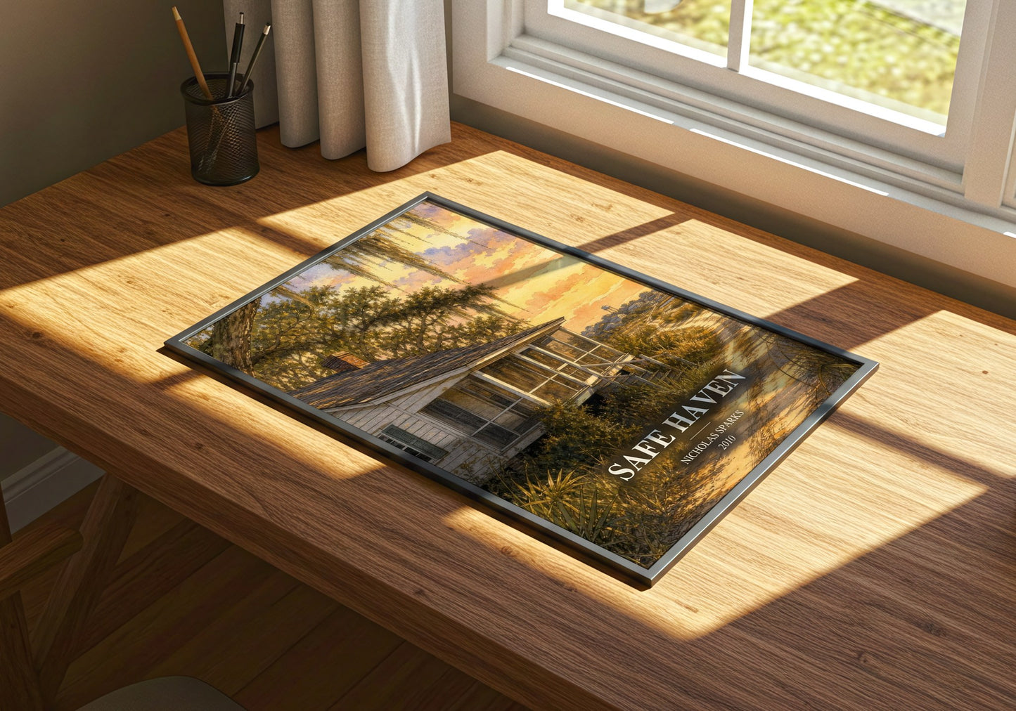 Safe Haven watercolour book poster framed on wall – romance wall art