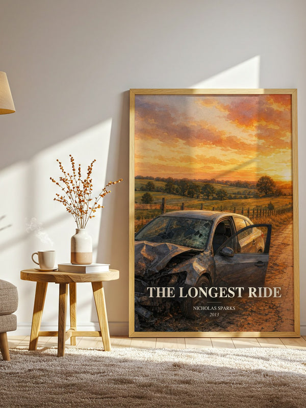 The Longest Ride watercolour print in frame leaning in hallway – romance wall art