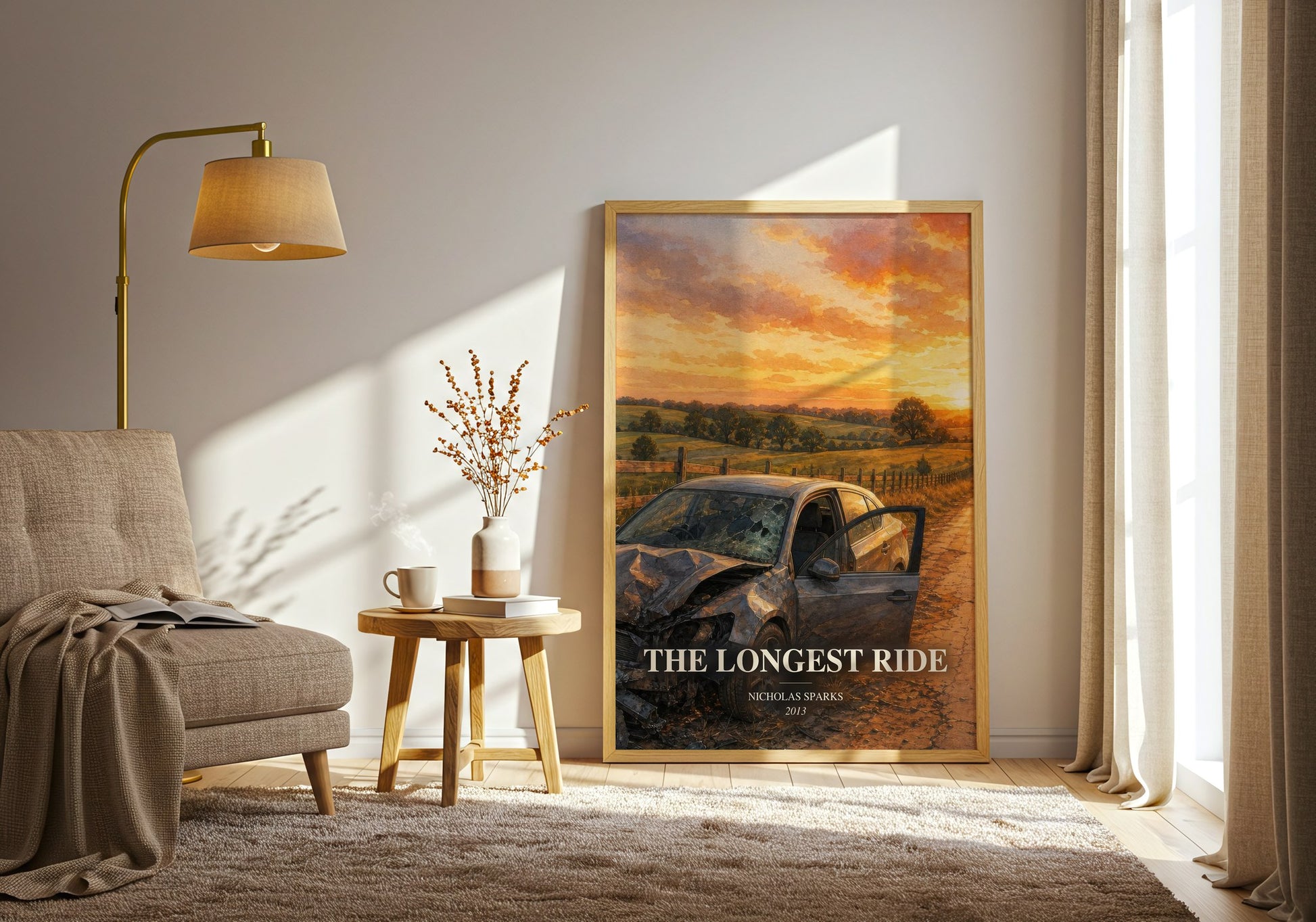 The Longest Ride watercolour print in frame leaning in hallway – romance wall art