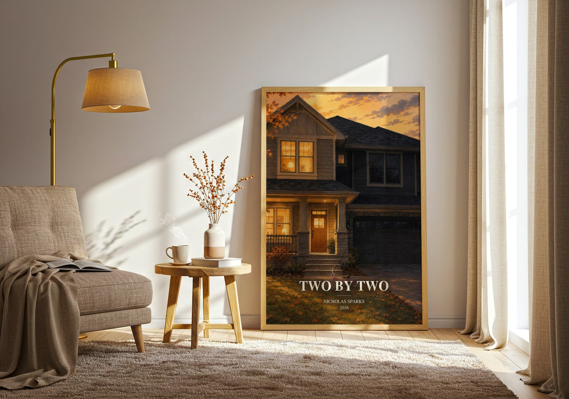 Two By Two watercolour print in frame leaning in hallway – contemporary fiction wall art