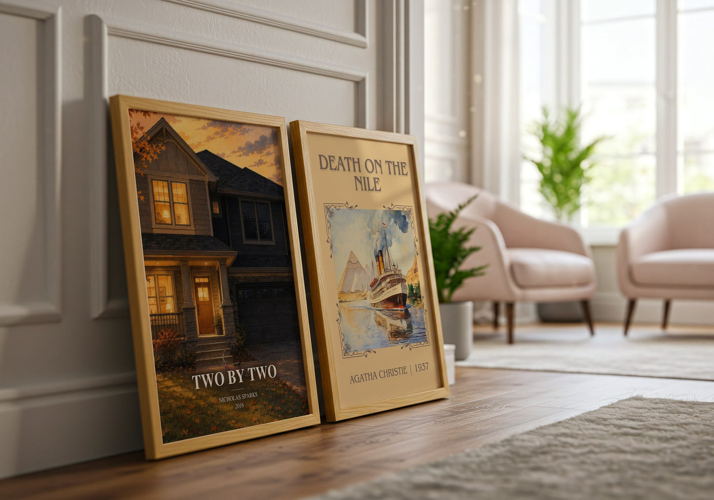 Two By Two watercolour print framed by window – literary home decor