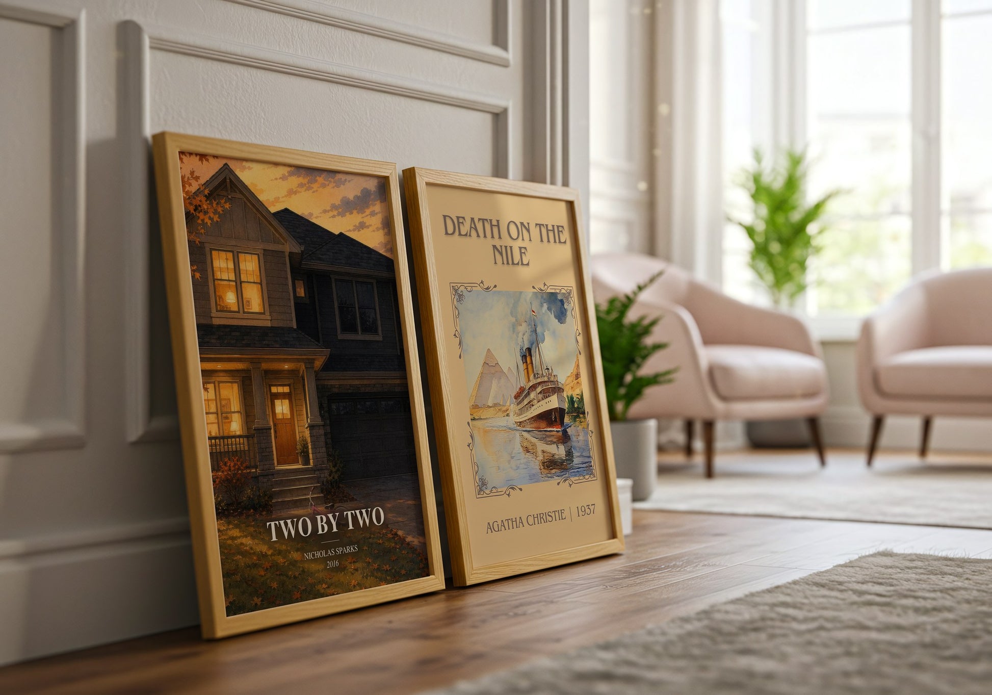 Two By Two watercolour print framed by window – literary home decor