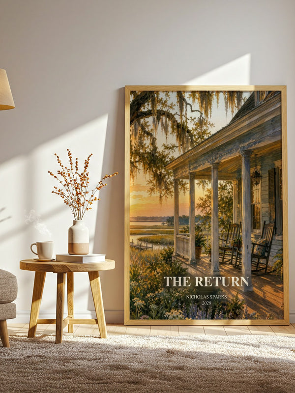The Return watercolour print in frame leaning in hallway – contemporary fiction wall art