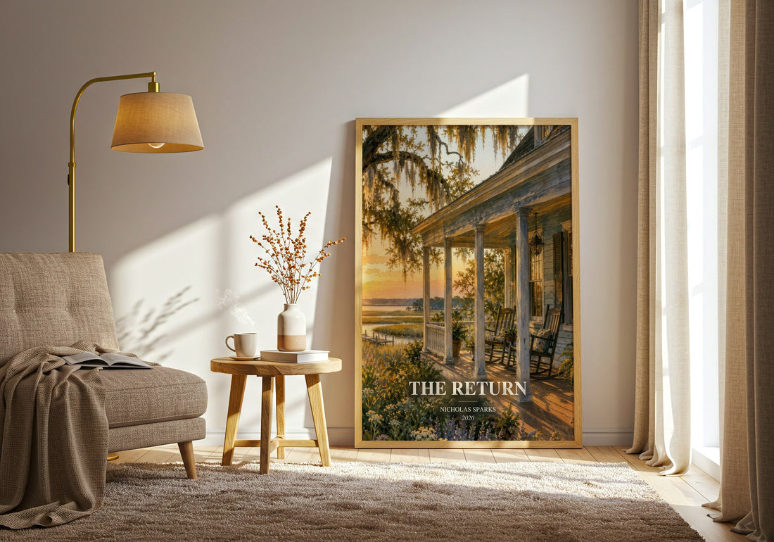 The Return watercolour print in frame leaning in hallway – contemporary fiction wall art (mockup)
