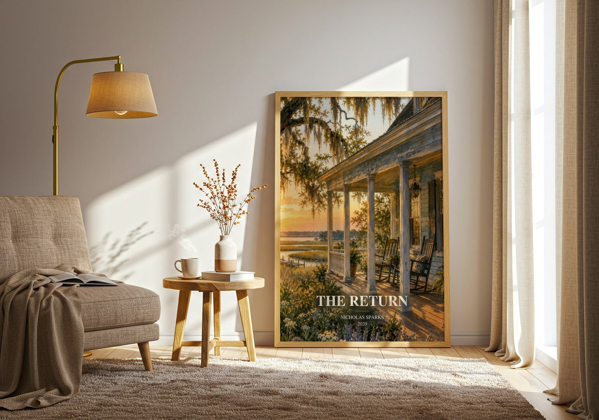 The Return watercolour print in frame leaning in hallway – contemporary fiction wall art