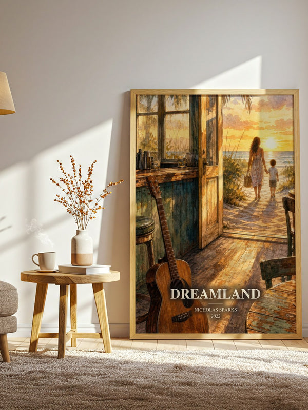 Dreamland watercolour print in frame leaning in hallway – contemporary fiction wall art