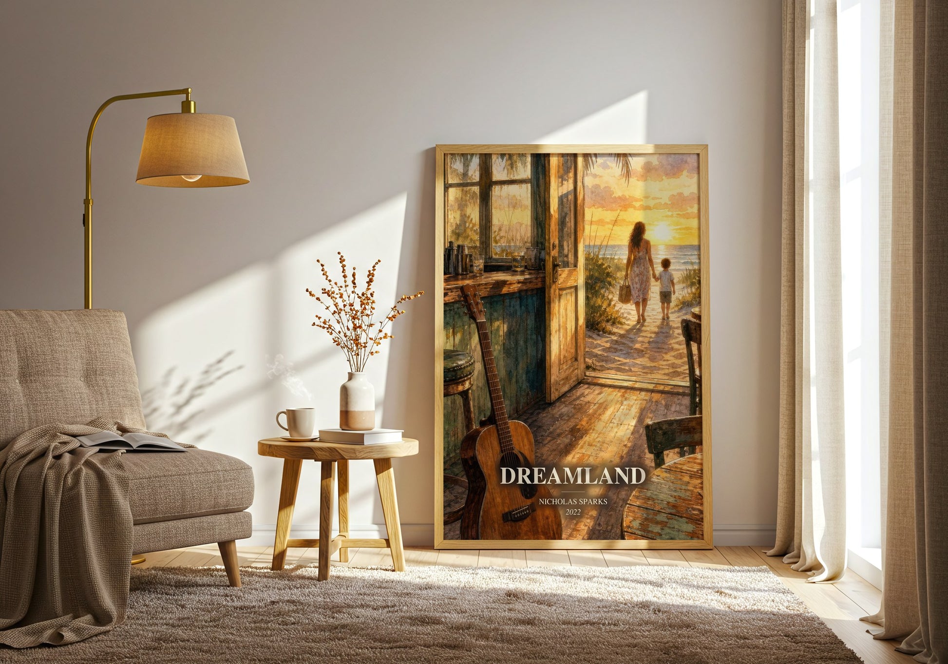 Dreamland watercolour print in frame leaning in hallway – contemporary fiction wall art