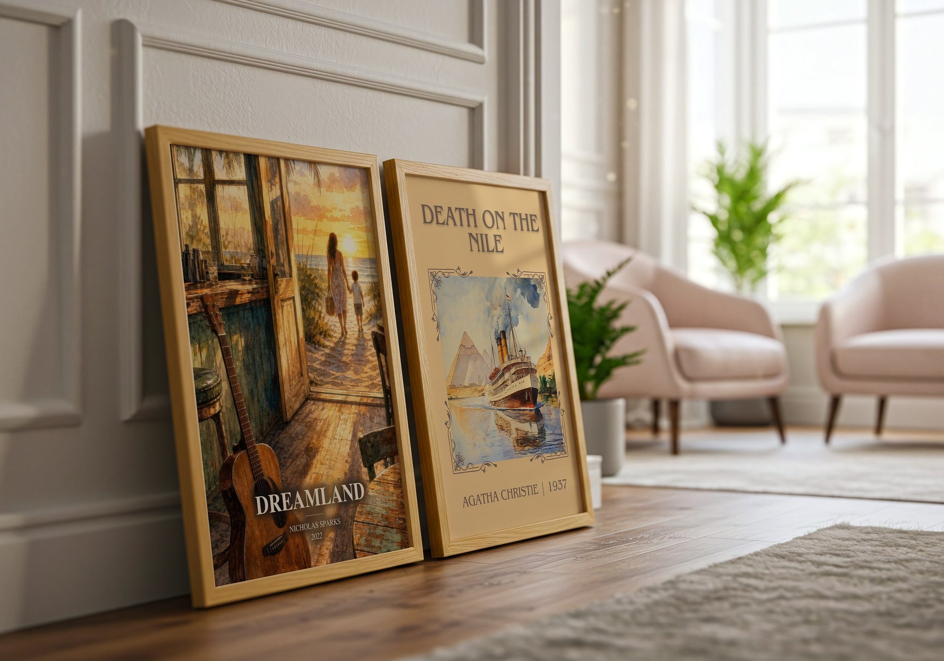 Dreamland watercolour print framed by window – literary home decor