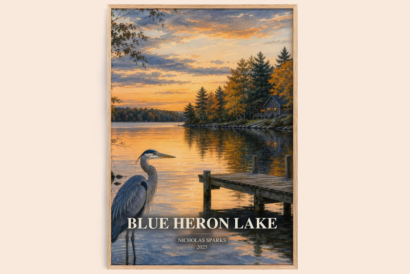 Blue Heron Lake watercolour book poster by Nicholas Sparks – framed literary art print