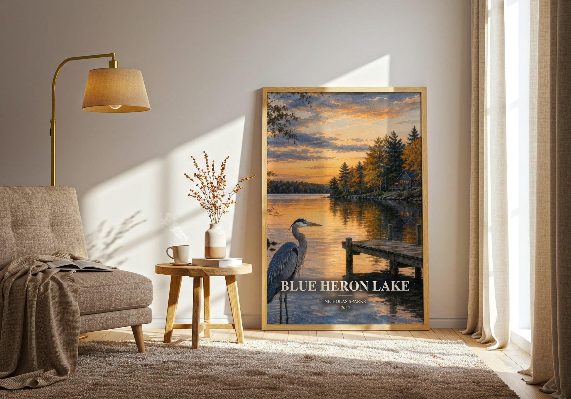Blue Heron Lake watercolour print in frame leaning in hallway – romance wall art