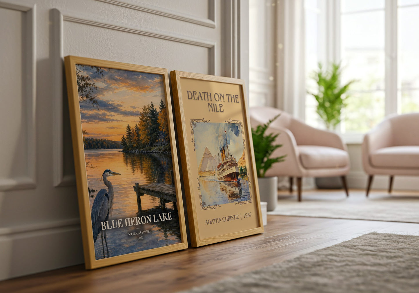 Blue Heron Lake watercolour print framed by window – literary home decor