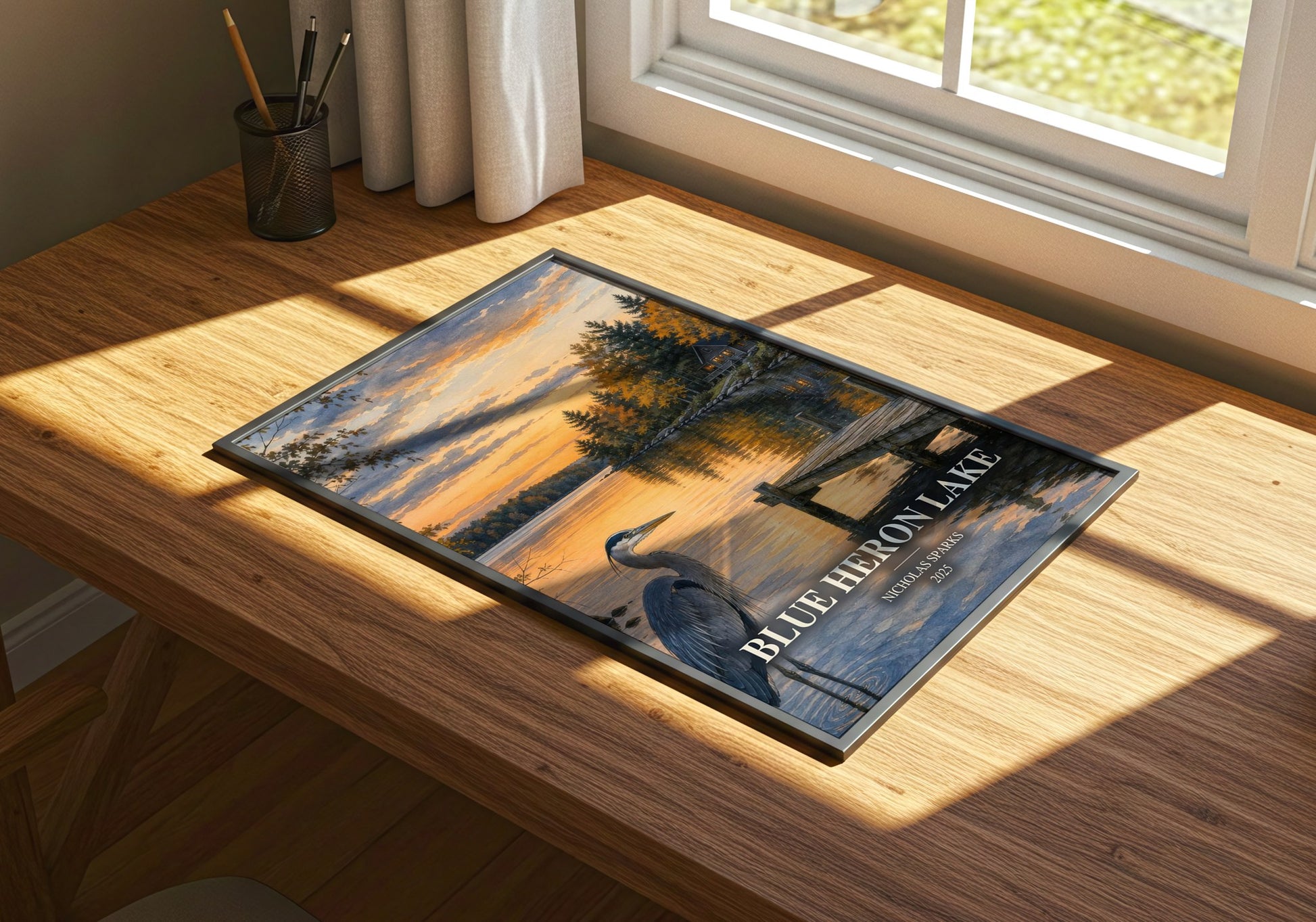 Blue Heron Lake watercolour book poster framed on wall – romance wall art