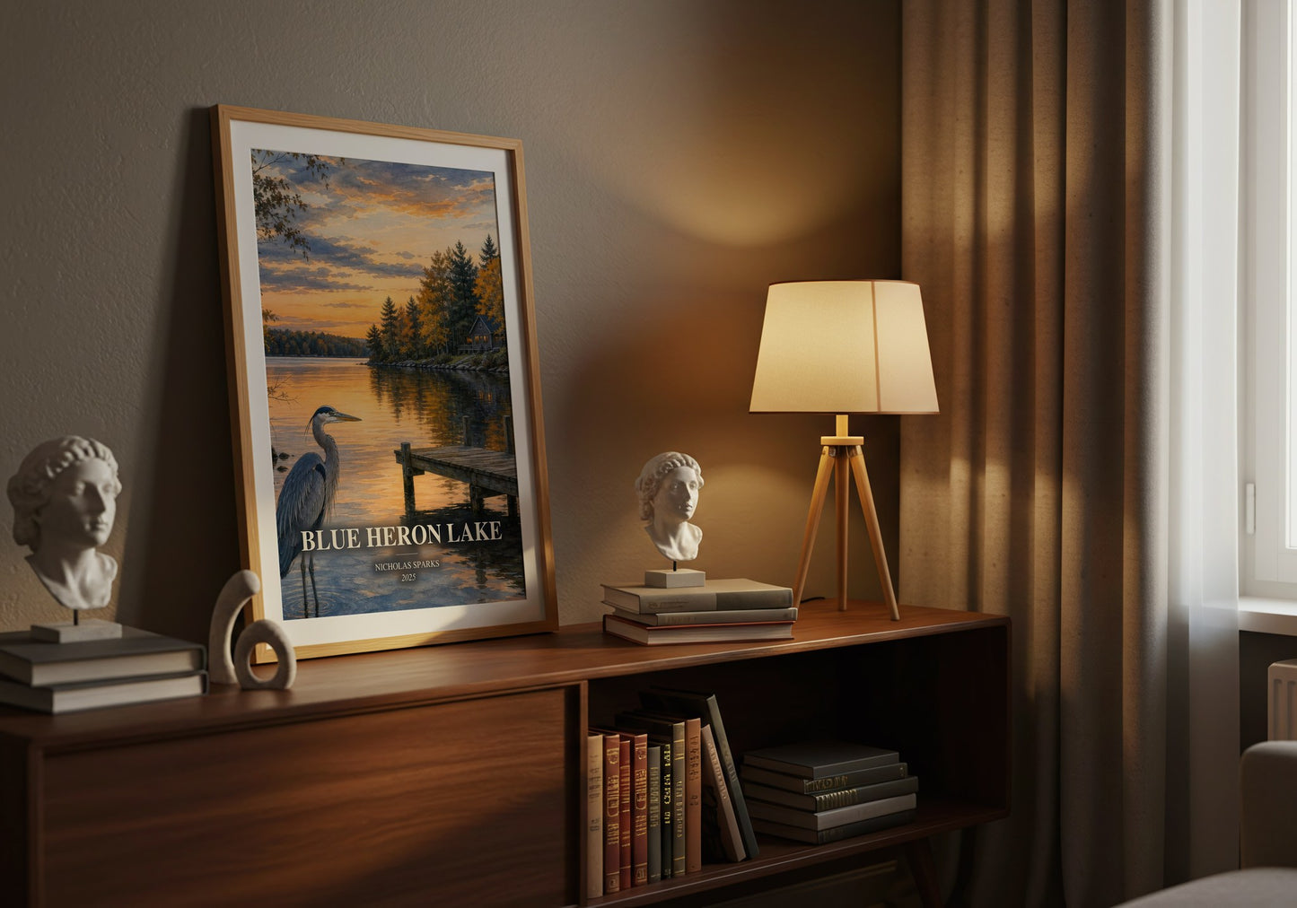 Blue Heron Lake watercolour print on bookshelf – Nicholas Sparks fan gift