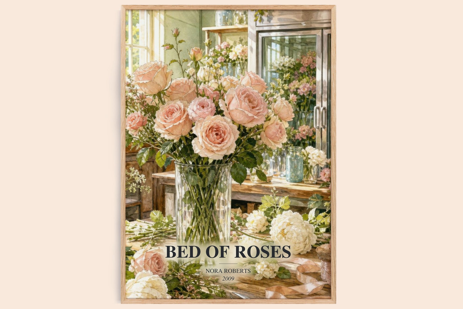 Bed Of Roses watercolour book poster by Nora Roberts – framed literary art print