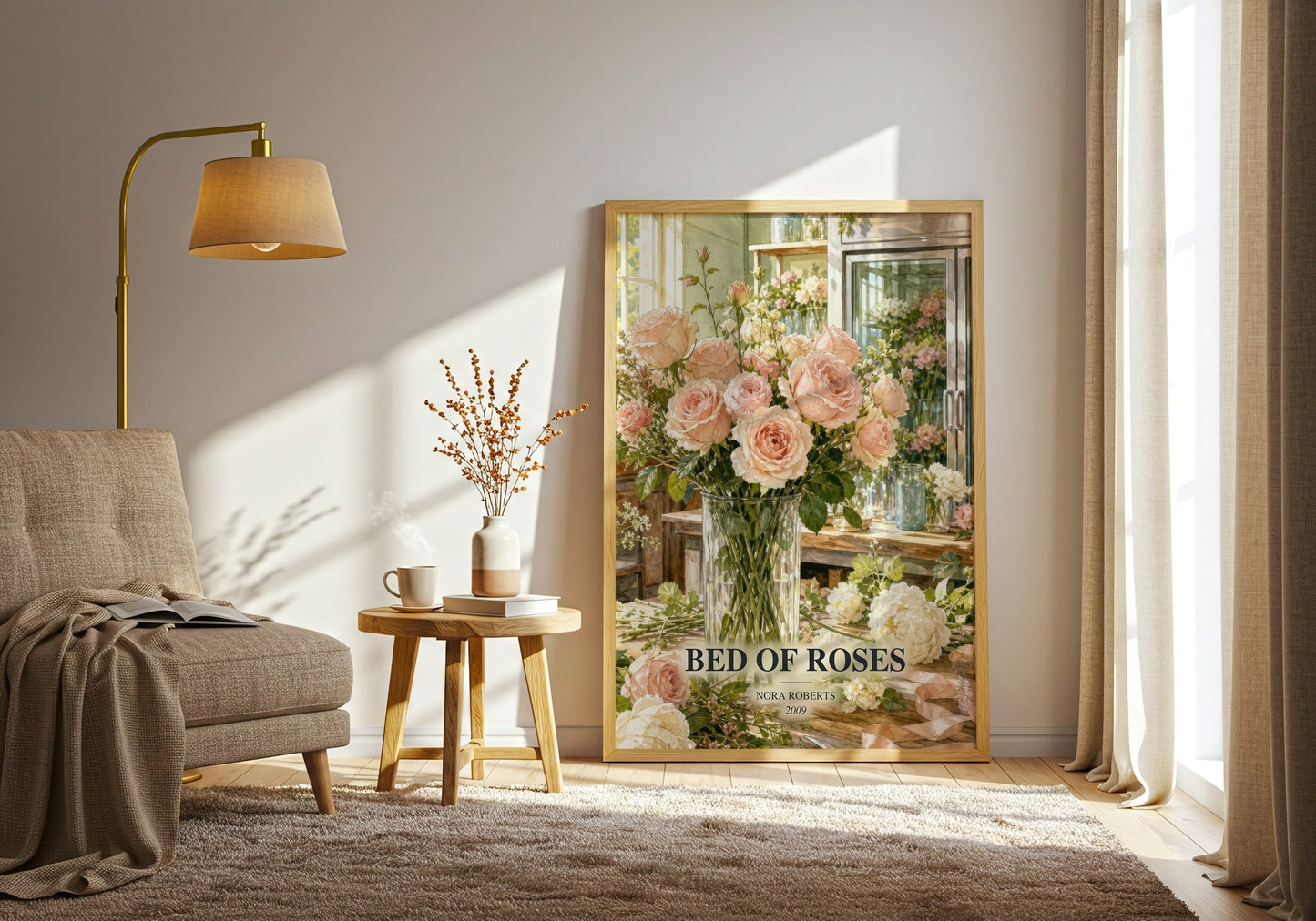 Bed Of Roses watercolour print in frame leaning in hallway – romance wall art