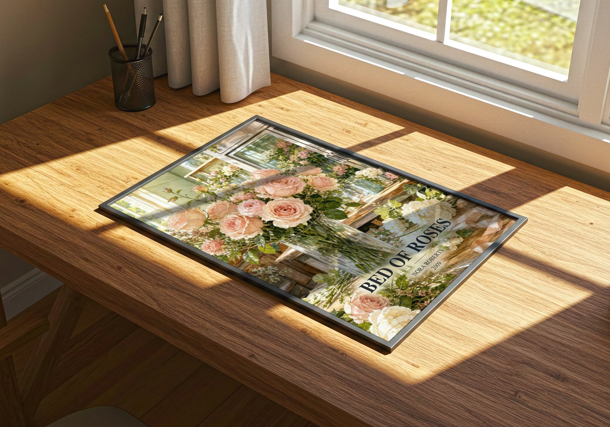Bed Of Roses watercolour book poster framed on wall – romance wall art