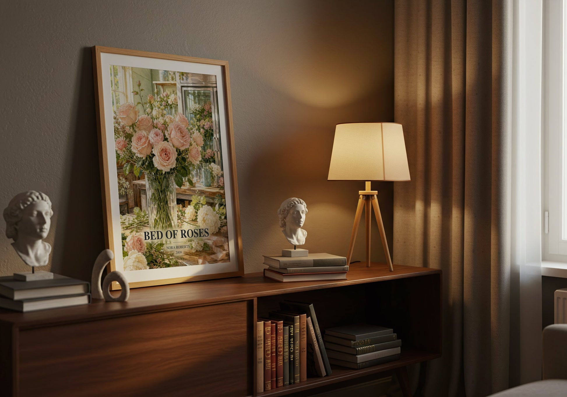Bed Of Roses watercolour print on bookshelf – Nora Roberts fan gift