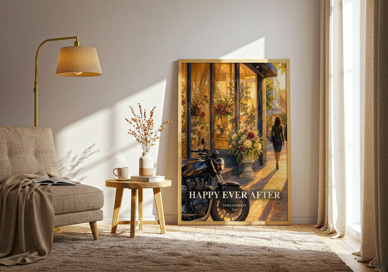 Happy Ever After watercolour print in frame leaning in hallway – romance wall art