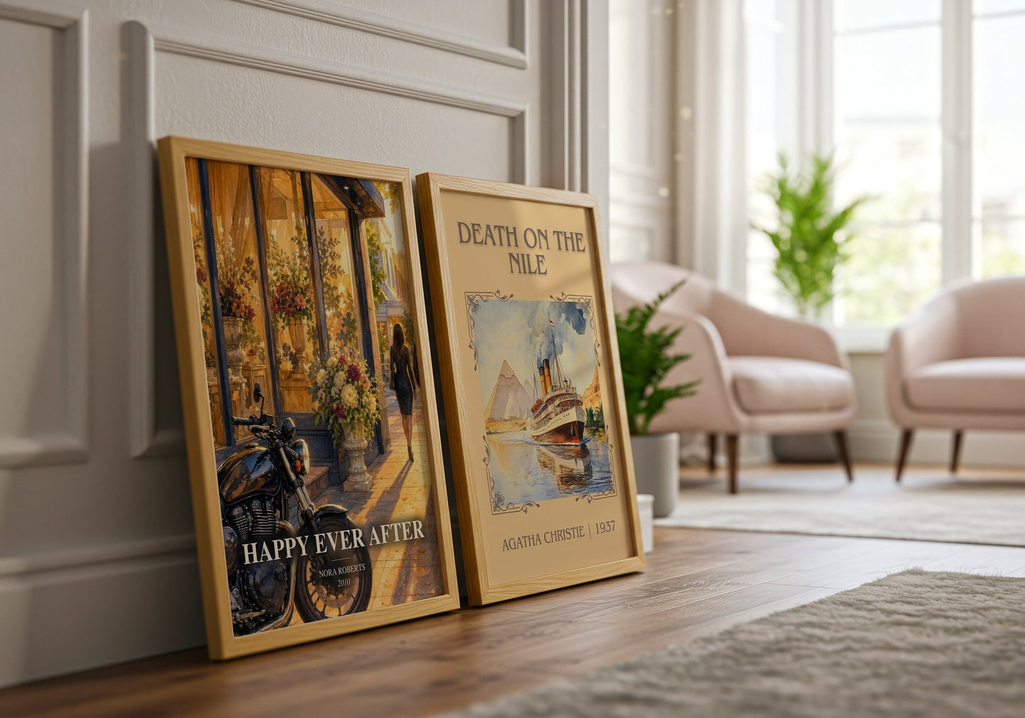 Happy Ever After watercolour print framed by window – literary home decor