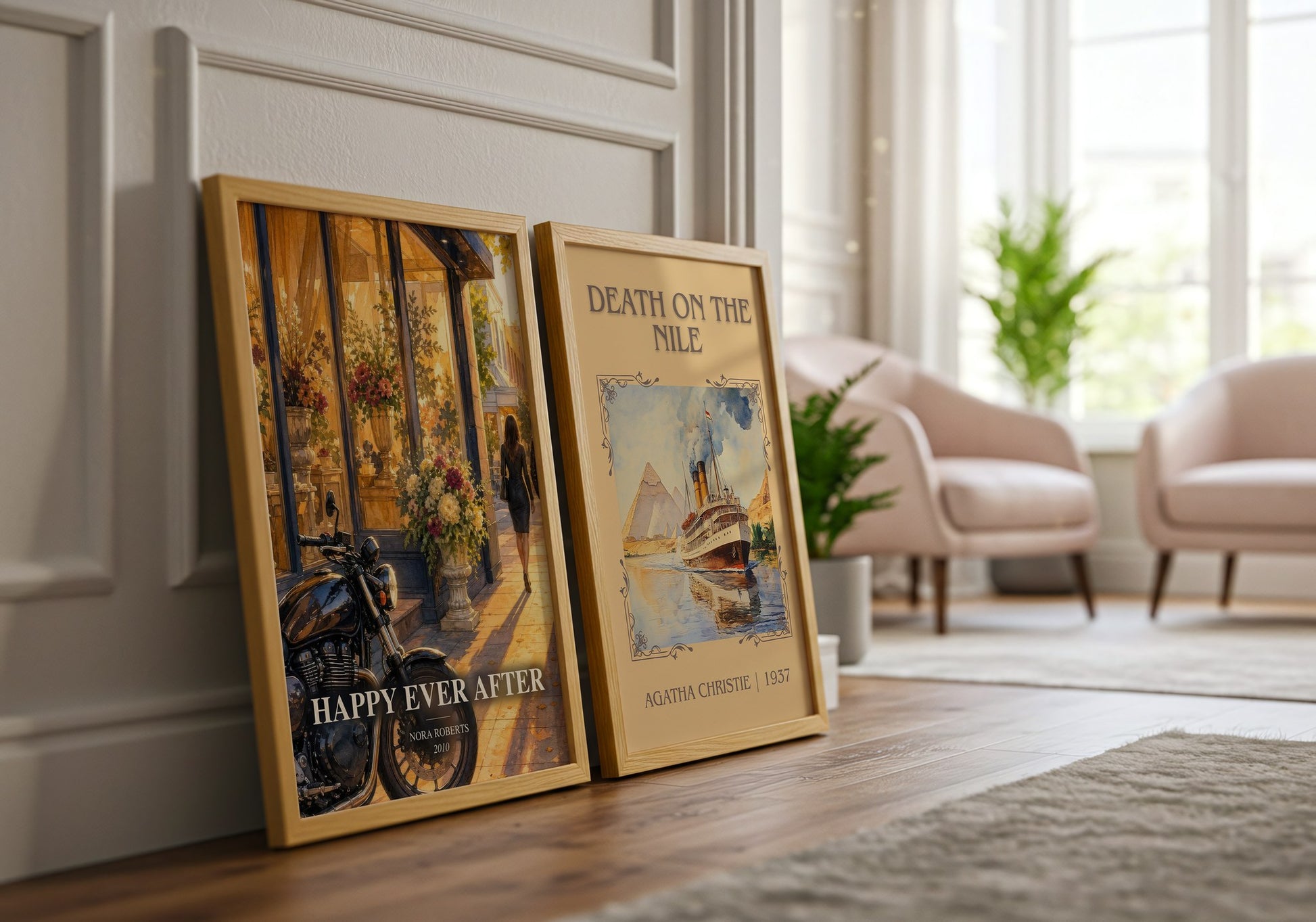 Happy Ever After watercolour print framed by window – literary home decor