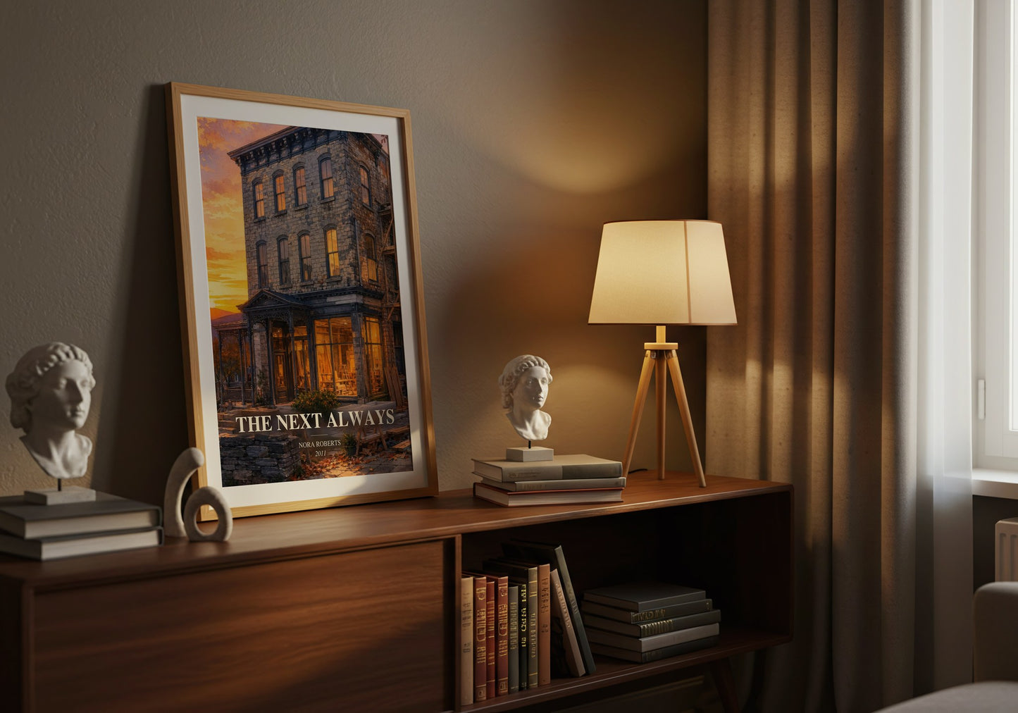 The Next Always watercolour print on bookshelf – Nora Roberts fan gift