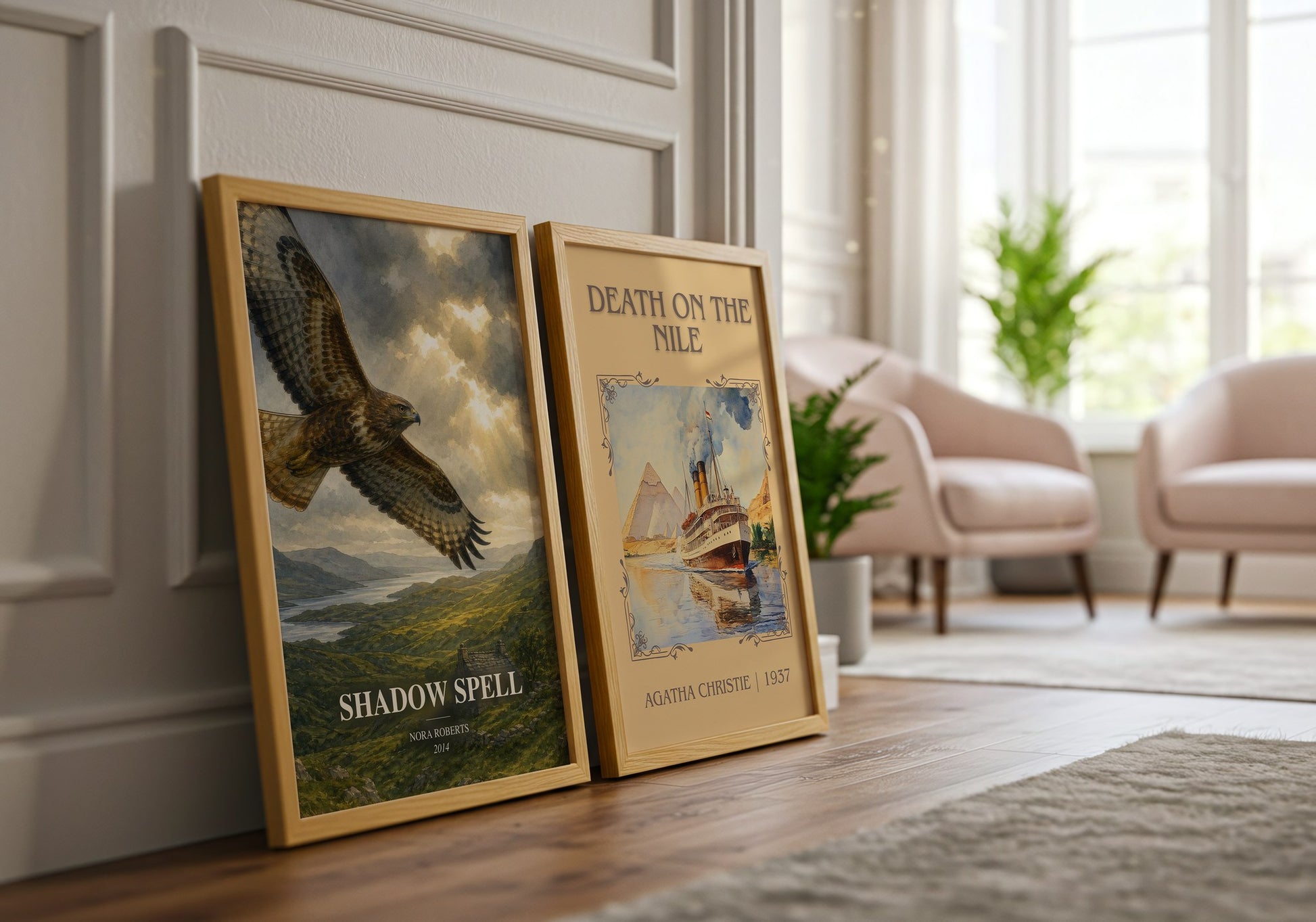 Shadow Spell watercolour print framed by window – literary home decor