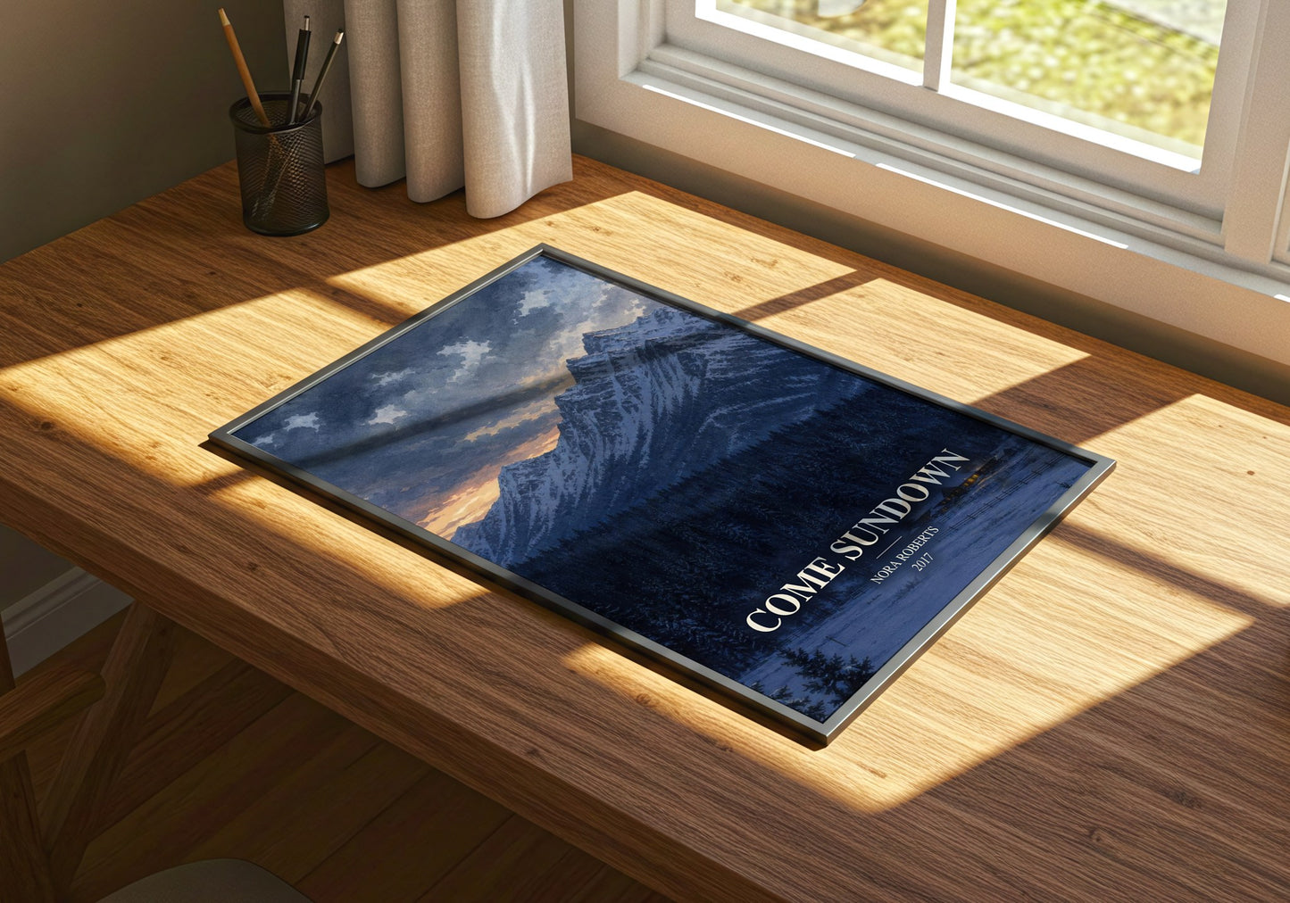 Come Sundown watercolour book poster framed on wall – romance wall art