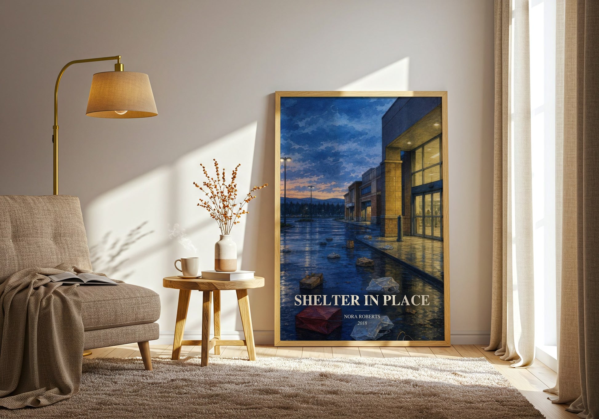 Shelter In Place watercolour print in frame leaning in hallway – thriller wall art
