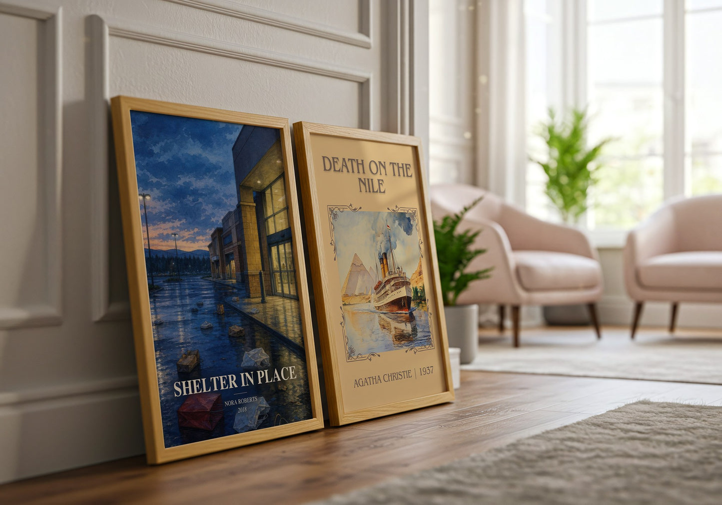 Shelter In Place watercolour print framed by window – literary home decor