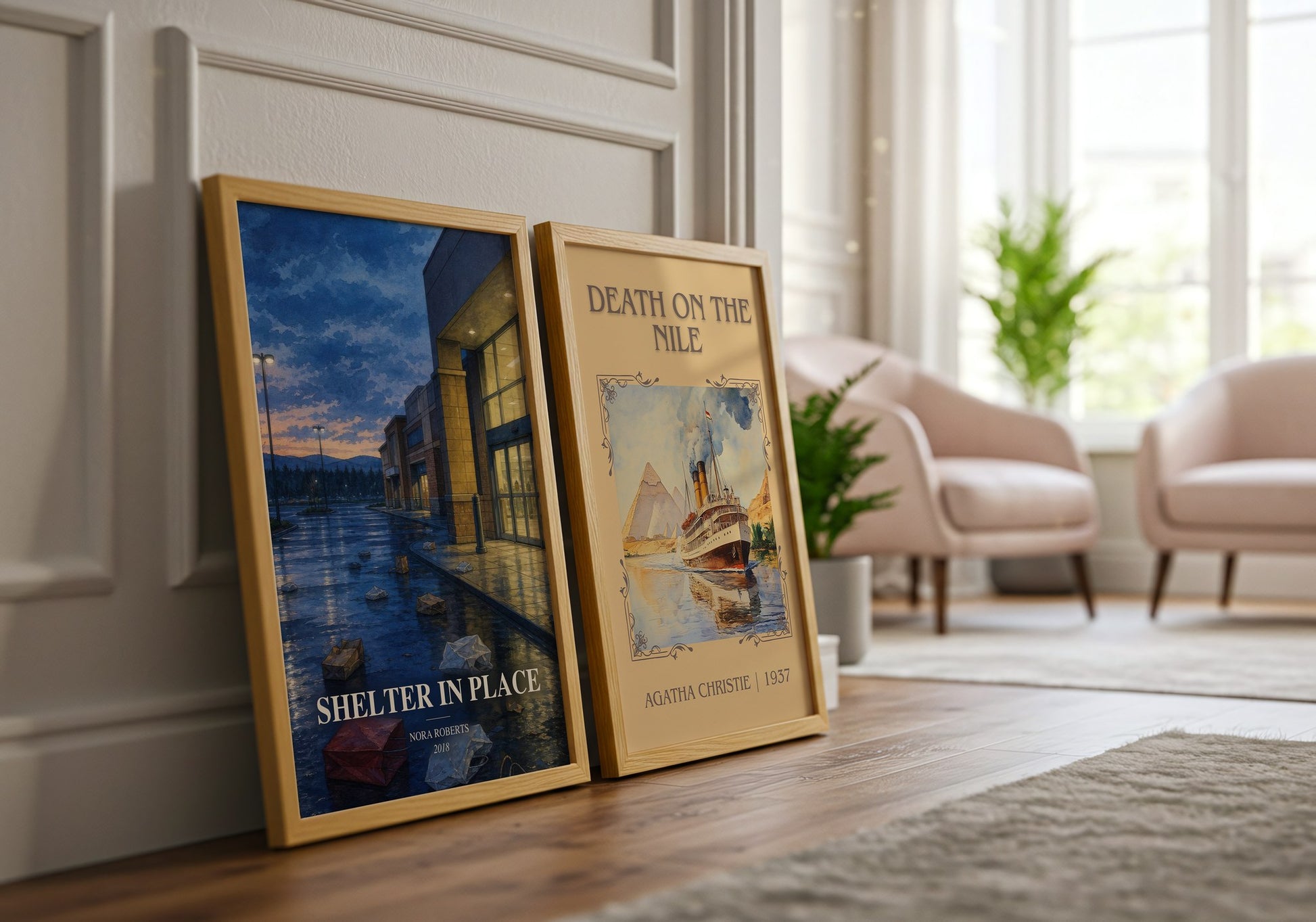 Shelter In Place watercolour print framed by window – literary home decor