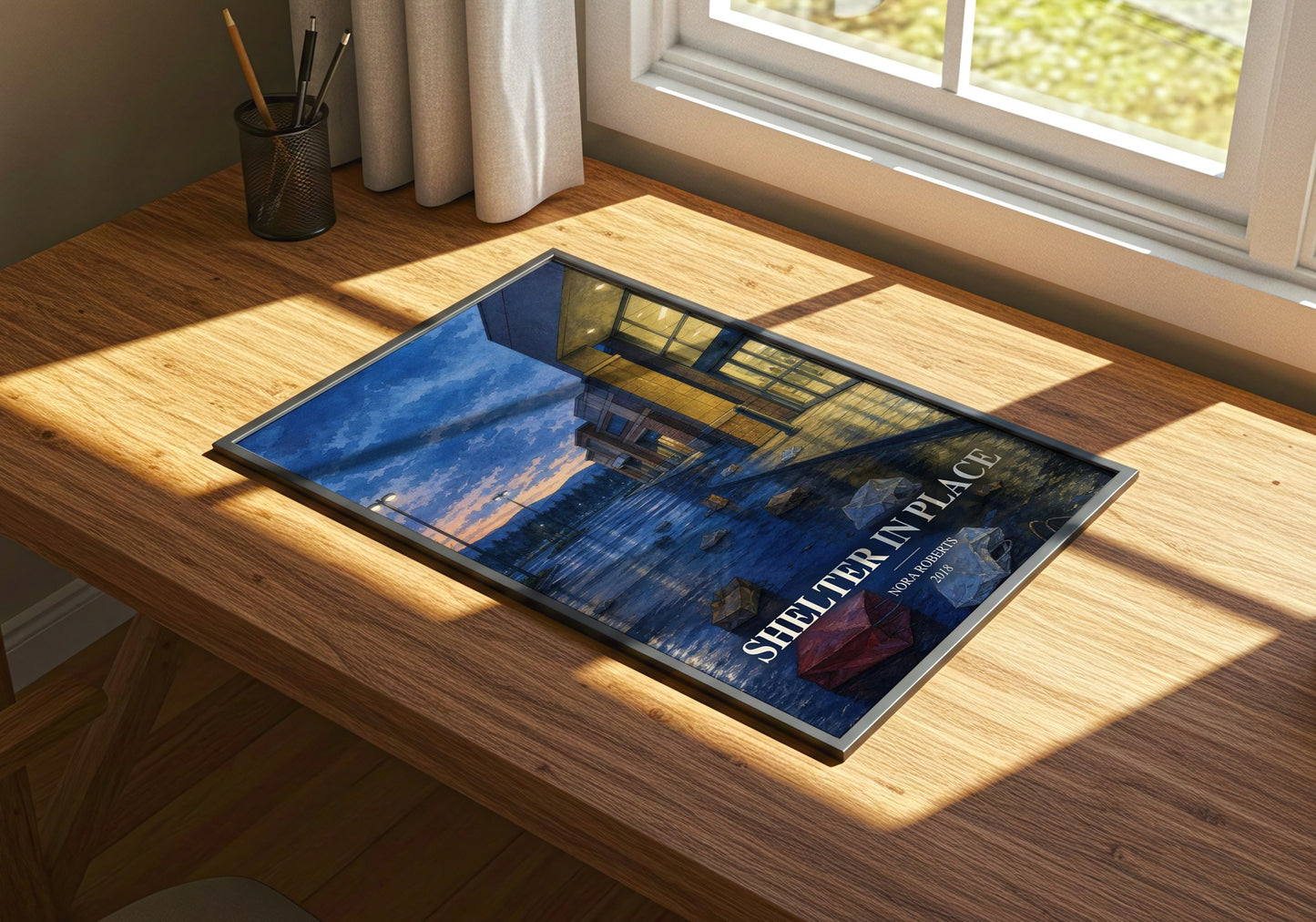 Shelter In Place watercolour book poster framed on wall – thriller wall art