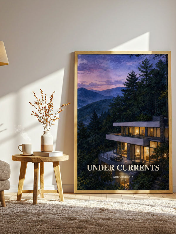 Under Currents watercolour print in frame leaning in hallway – contemporary fiction wall art