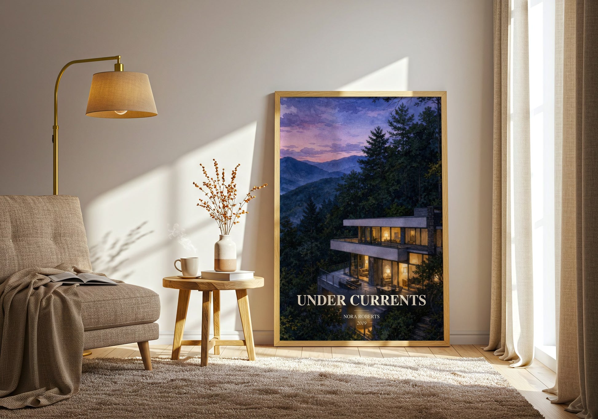 Under Currents watercolour print in frame leaning in hallway – contemporary fiction wall art