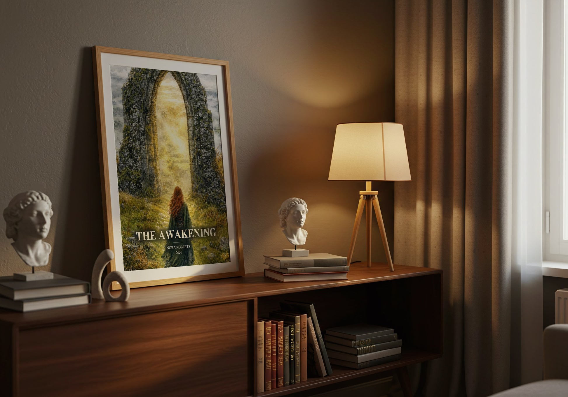 The Awakening watercolour print on bookshelf – Nora Roberts fan gift