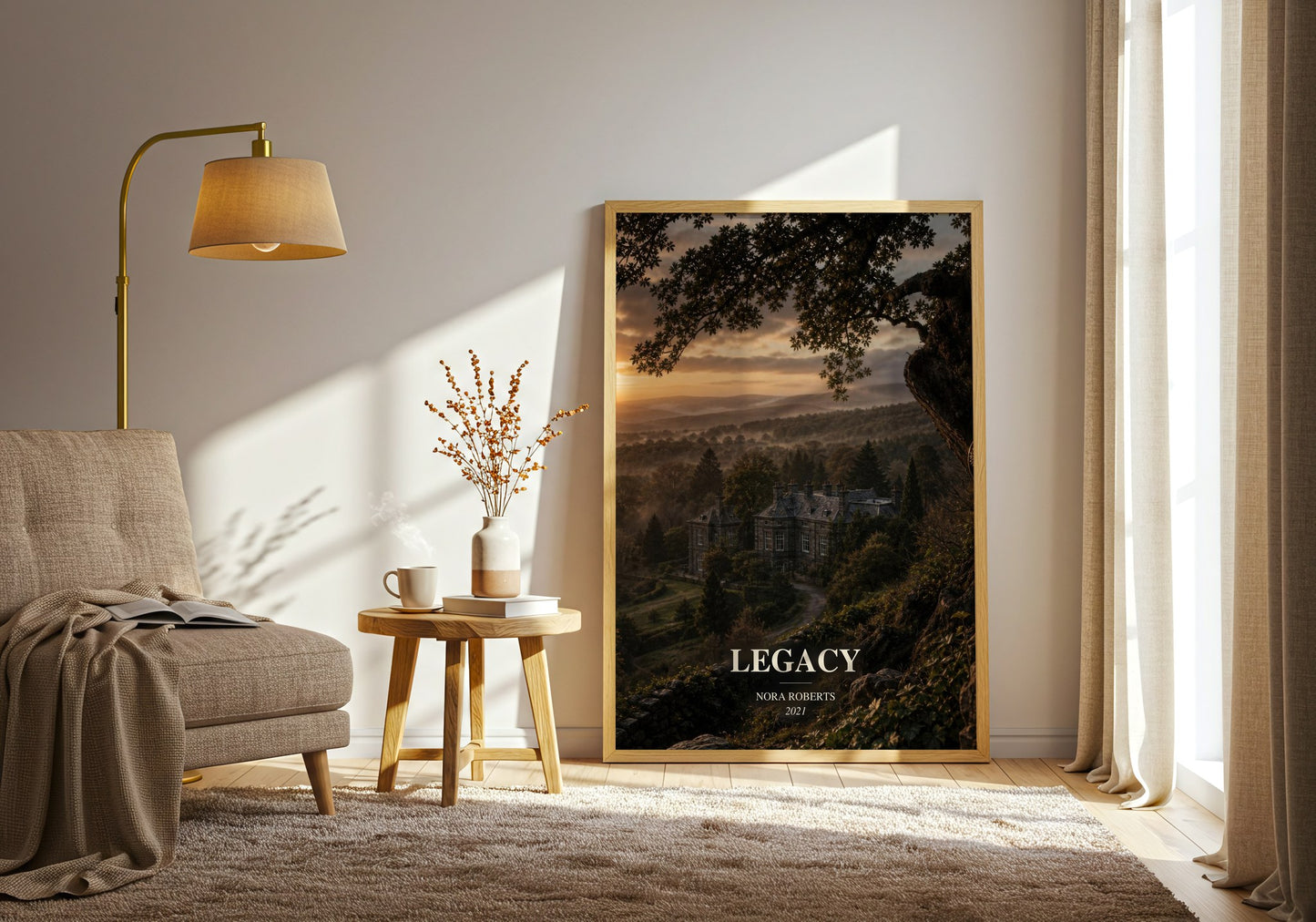 Legacy watercolour print in frame leaning in hallway – contemporary fiction wall art
