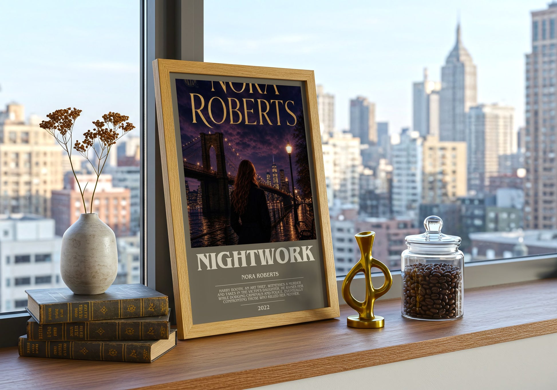 Nightwork bookish print framed by window – literary home decor